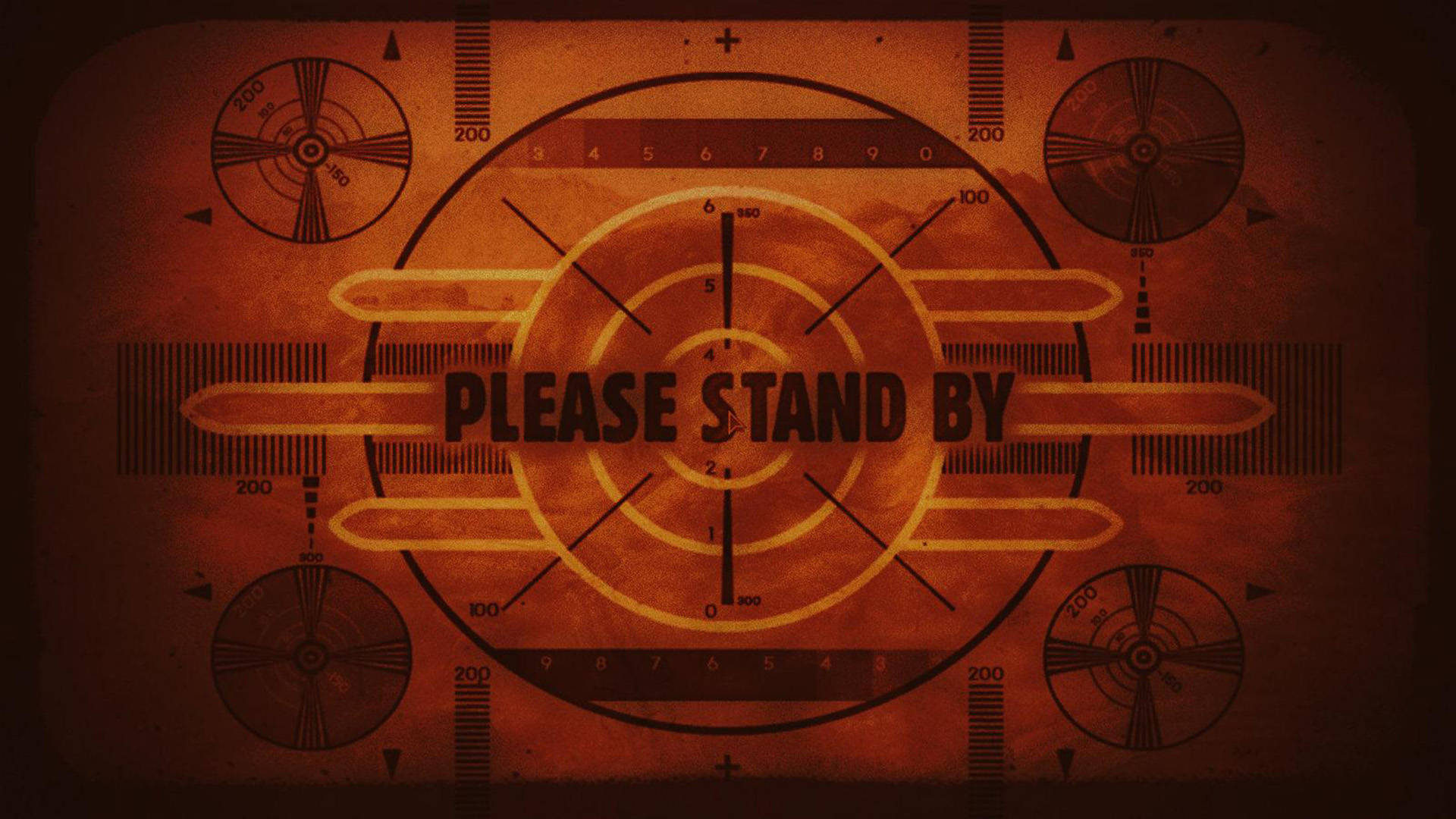 please 桌布 壁紙 — 復古橙色雷達螢幕顯示粗體字 'PLEASE STAND BY'，周圍環繞圓形刻度盤和測量標尺。