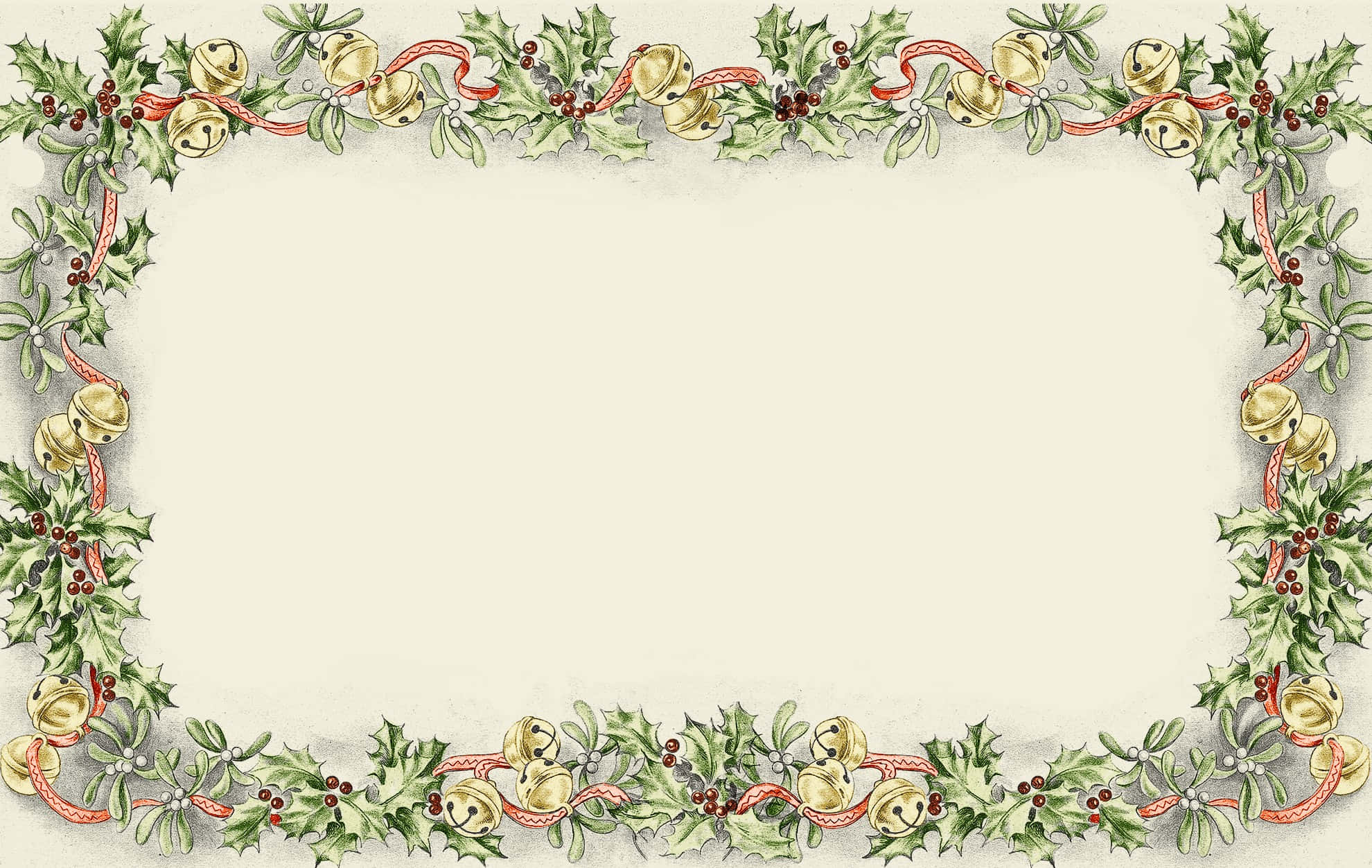 Frame 桌布 壁紙 — 復古水彩邊框，以冬青葉、紅莓和金鈴鐺點綴在奶油色背景上。