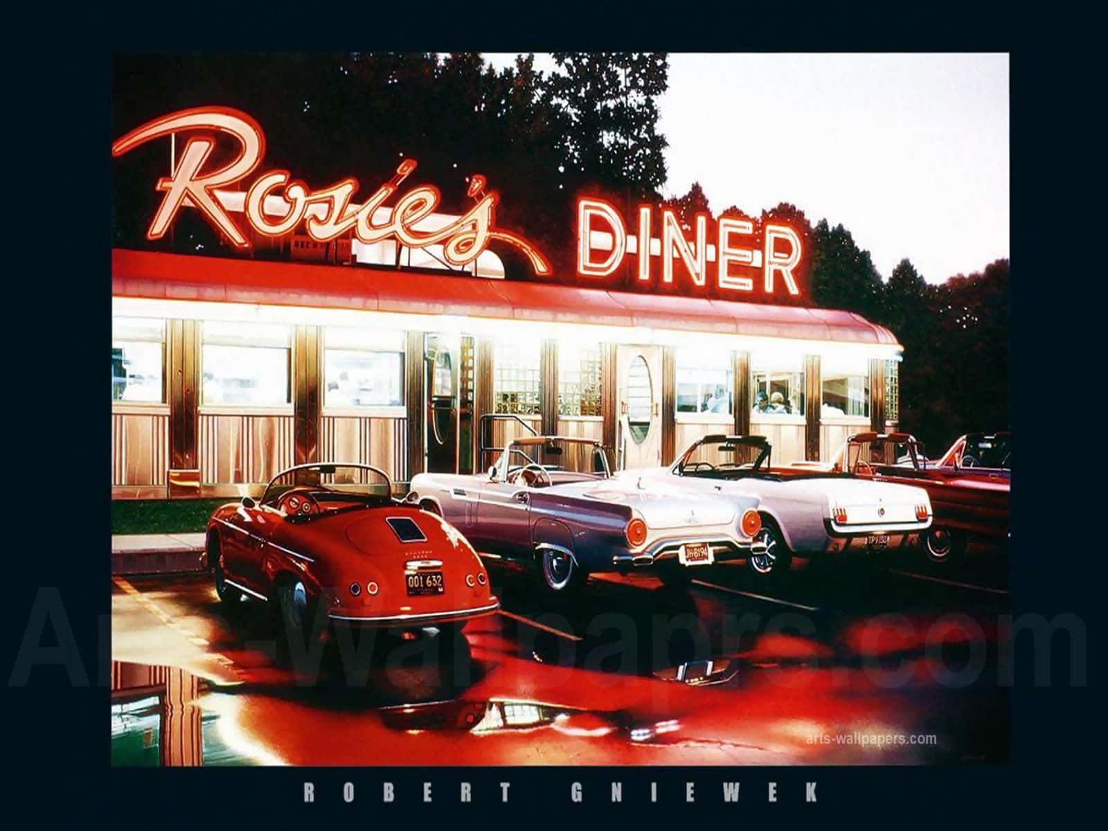 Restaurant 桌布 壁紙 — 復古汽車在黃昏時分於Rosie's Diner閃爍的霓虹燈牌下閃耀，濕漉漉的人行道反射出鮮豔的紅色和白色。