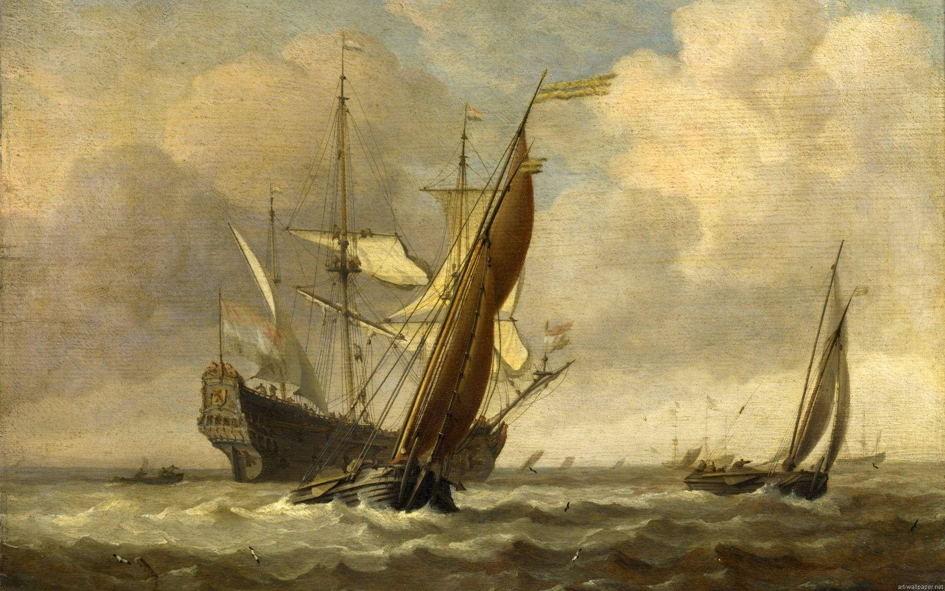 Painting 桌布 壁紙 — 復古油畫，描繪大型帆船在多雲天空下與洶湧大海搏鬥，海鷗飛翔。