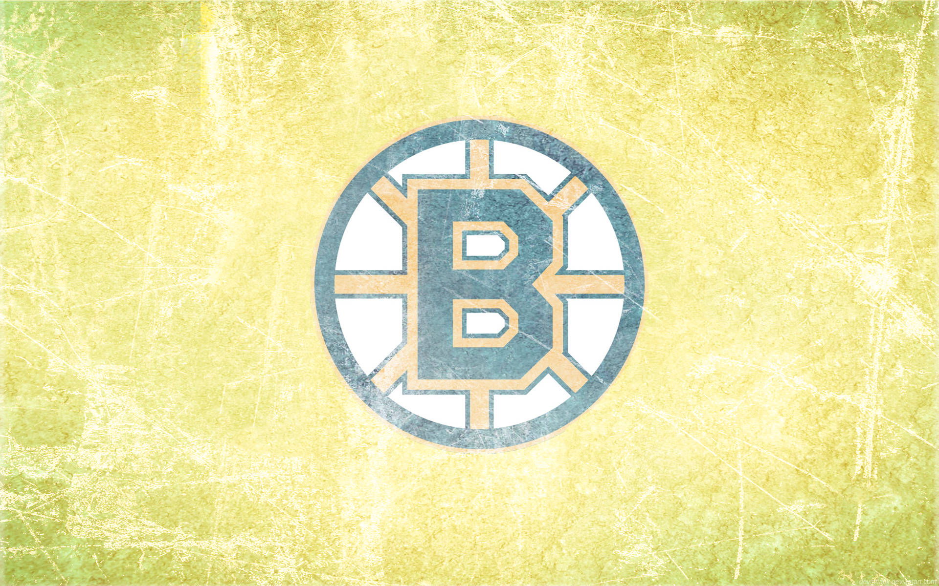 bruins 桌布 壁紙 — 復古波士頓棕熊隊標誌，帶有磨損的黃色背景和刮痕紋理。