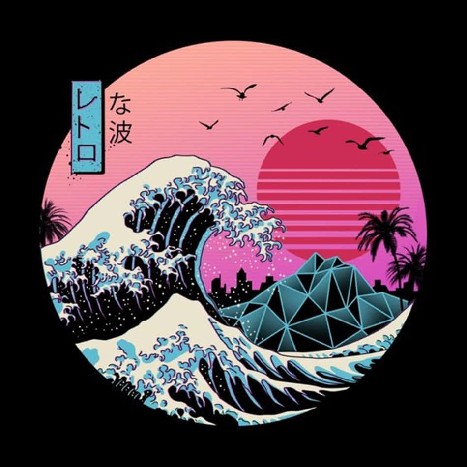 The Great Wave 桌布 壁紙 — 復古波浪藝術將葛飾北齋的巨浪與霓虹粉紅日落棕櫚樹和幾何金字塔融合在黑色背景上。