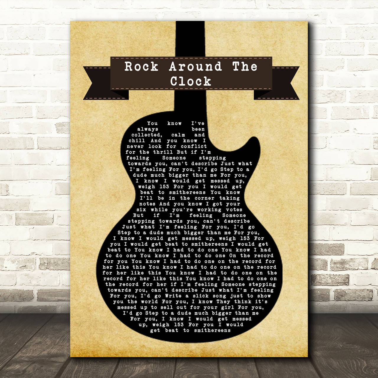 poster 桌布 壁紙 — 復古海報，吉他輪廓內填滿Rock Around The Clock歌詞，安裝在磚牆上。