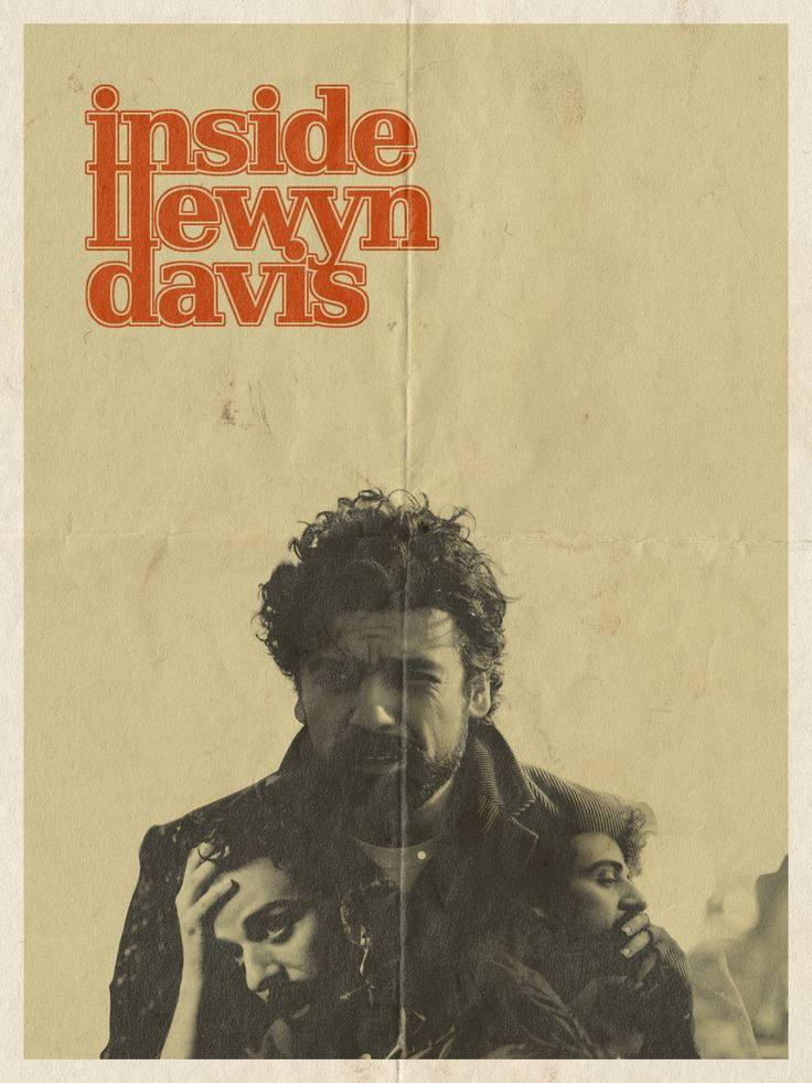 inside llewyn davis 桌布 壁紙 — 復古海報，橙色文字寫著「inside hewyn davis」，上方有一個男人抱著兩個孩子，背景是帶紋理的米色。