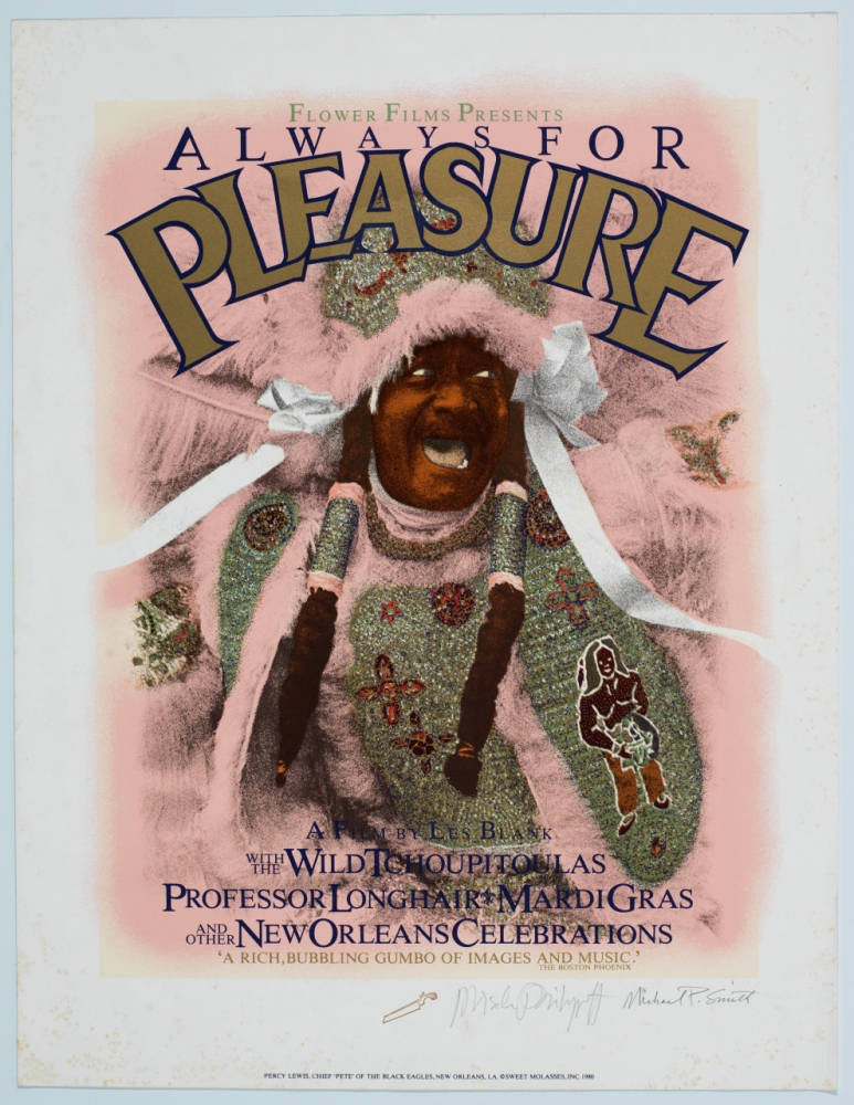 poster 桌布 壁紙 — 復古海報，為《Always for Pleasure》宣傳， featuring 一位快樂的狂歡節表演者，身著華麗服裝，背景是柔和的粉紅色。
