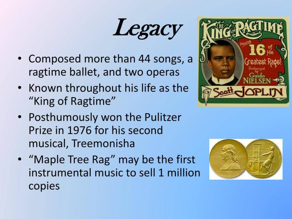 Scott Joplin 桌布 壁紙 — 復古海報和獎章，紀念拉格泰姆之王斯科特·喬普林，文字詳細介紹他的音樂遺產和獎項。
