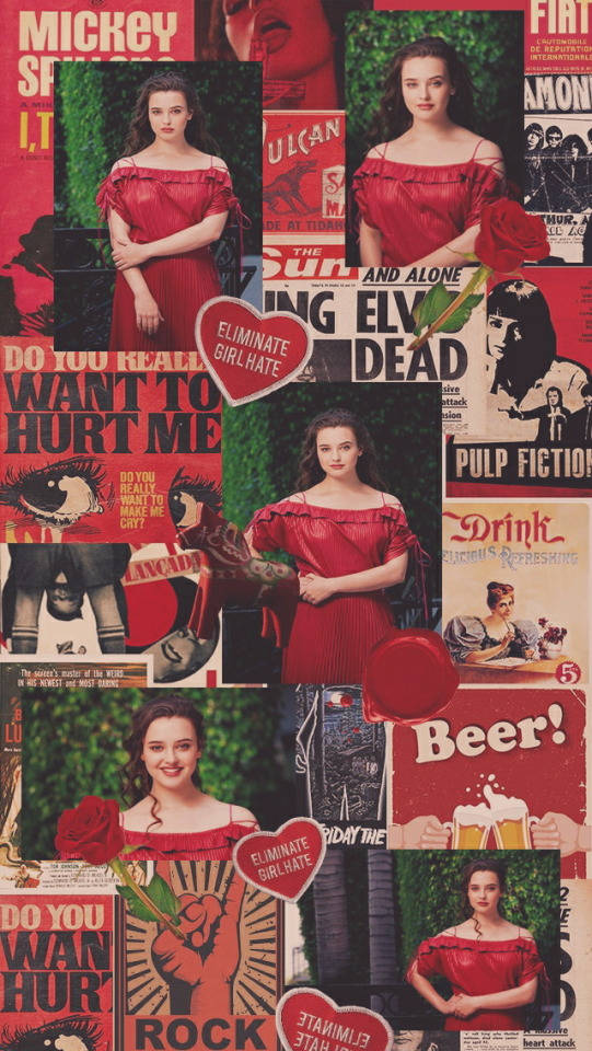 Katherine Langford 桌布 壁紙 — 復古海報和雜誌剪報的拼貼，其中一位身穿紅色連衣裙的女性置身於粗體文字和圖像之中。