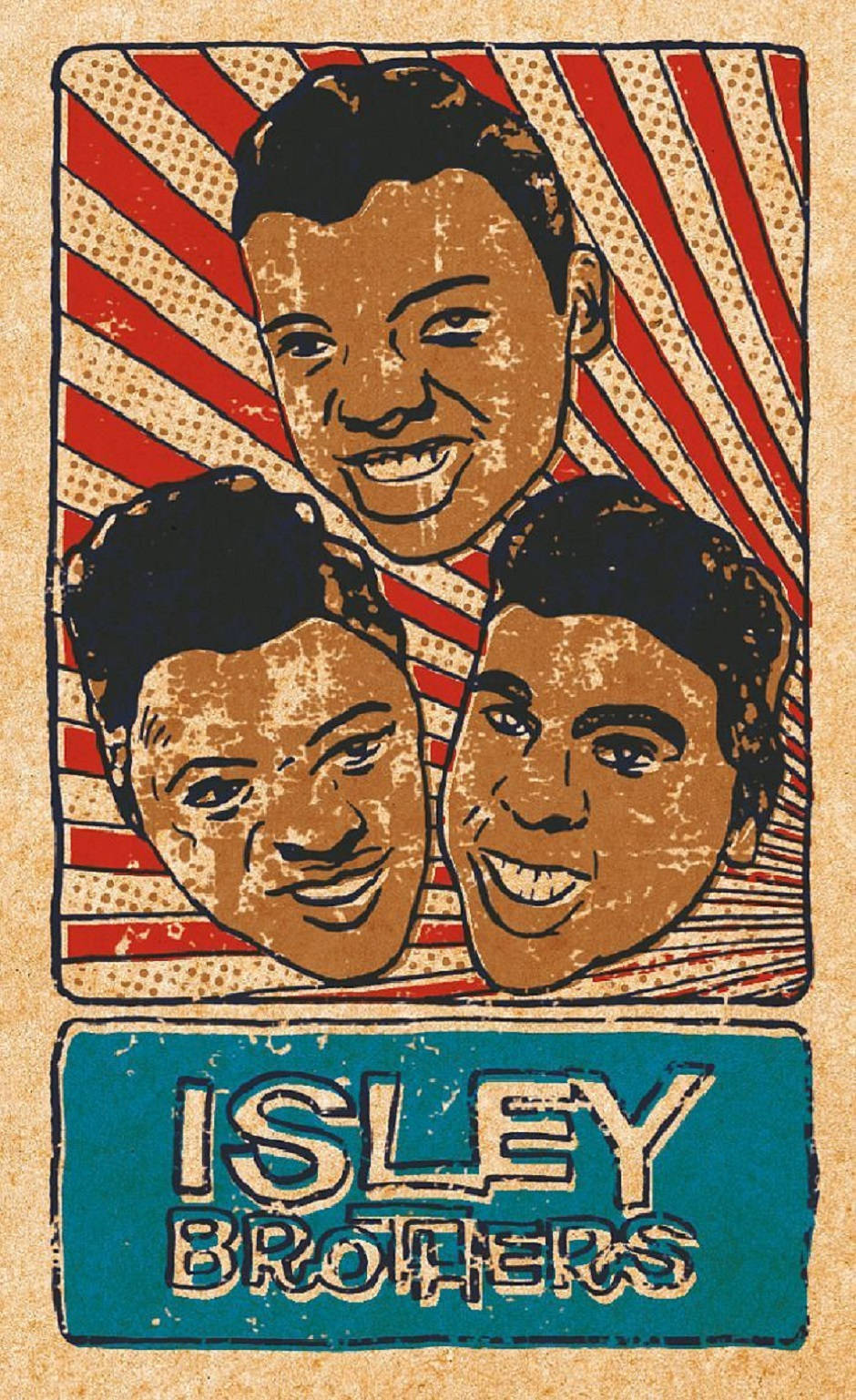 音樂 桌布 壁紙 — 復古海報藝術，描繪 Isley Brothers 三個微笑面孔，背景為紅白條紋及半色調圓點。