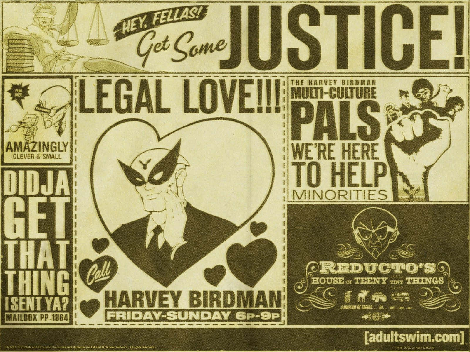 adult swim 桌布 壁紙 — 復古漫畫風格報紙拼貼，宣傳 Harvey Birdman 的法律服務，帶有粗體標題和卡通人物。