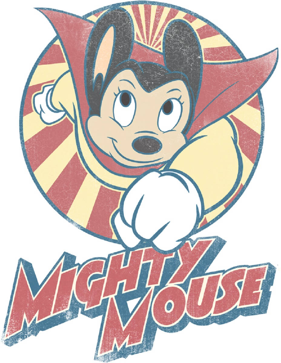 Mighty 桌布 壁紙 — 復古漫畫風格的 Mighty Mouse 標誌，採用大膽的紅、黃、藍色和磨損紋理。