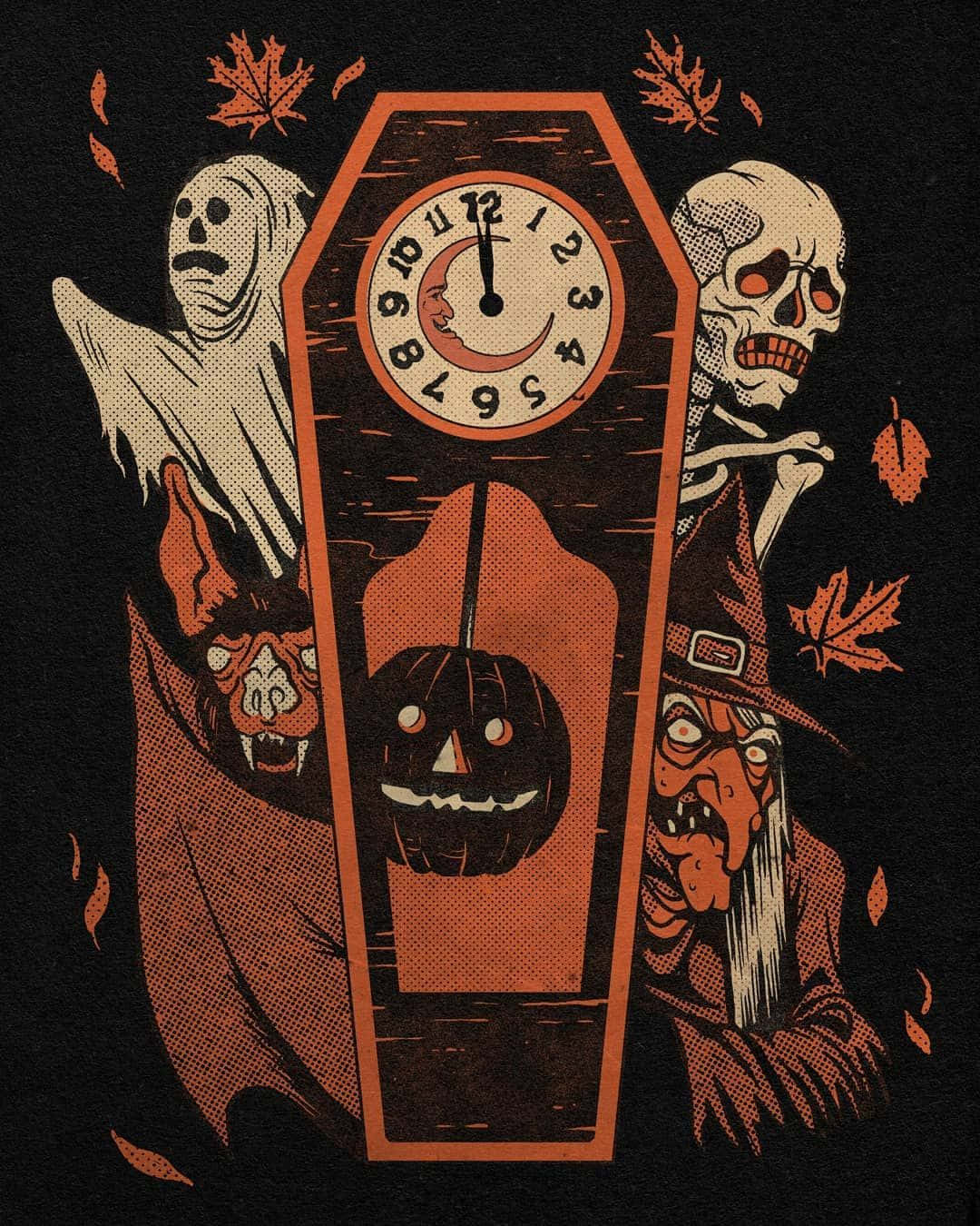 Spooky Art 桌布 壁紙 — 復古漫畫風格的萬聖節插圖，以棺材時鐘搭配南瓜燈面孔，兩側有幽靈和女巫。