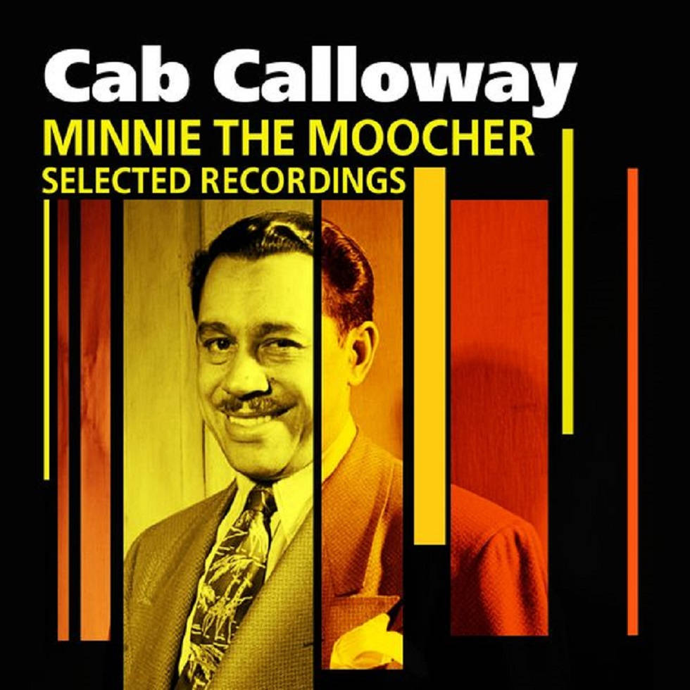 音樂 桌布 壁紙 — 復古爵士專輯封面，Cab Calloway 穿著西裝微笑，背景為紅、黃、黑條紋的大膽幾何圖案。
