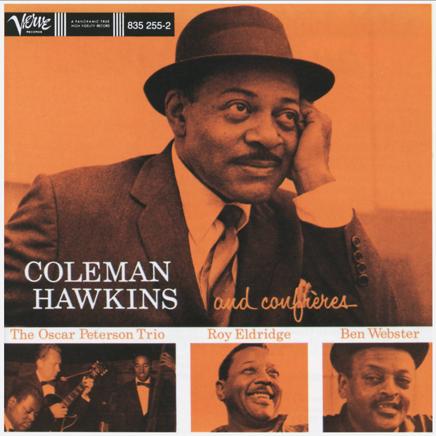 band 桌布 壁紙 — 復古爵士專輯封面，Coleman Hawkins 戴著軟呢帽、身穿西裝，採用溫暖的橙色調，並嵌入樂隊成員的照片。