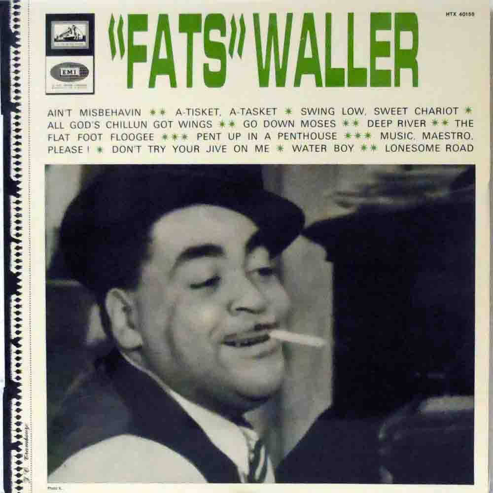 音樂 桌布 壁紙 — 復古爵士專輯封面，Fats Waller 微笑叼煙，大膽綠色字體，經典 EMI 唱片標籤設計。