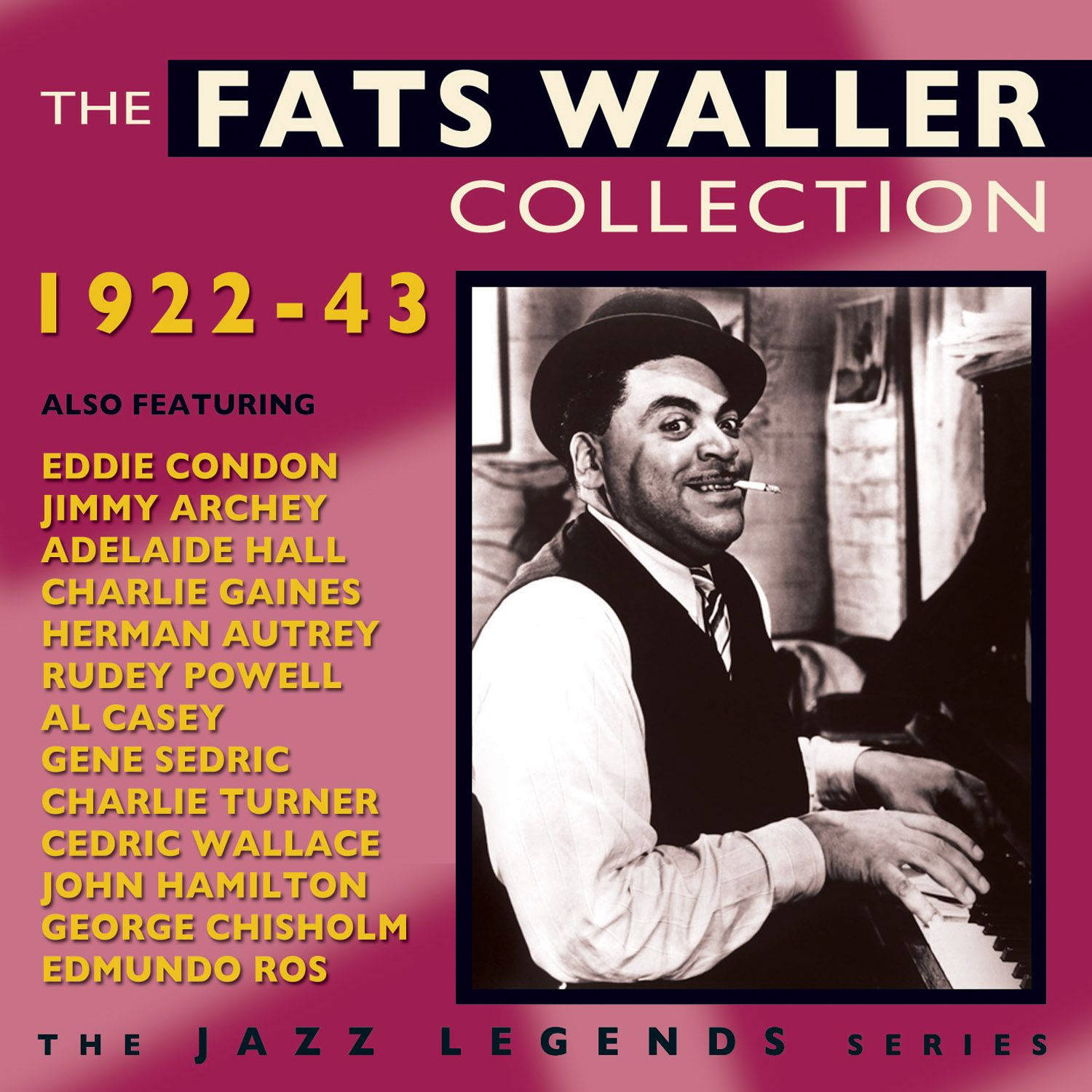 音樂 桌布 壁紙 — 復古爵士專輯封面，Fats Waller 微笑著叼著香煙，在洋紅色背景前彈奏鋼琴。