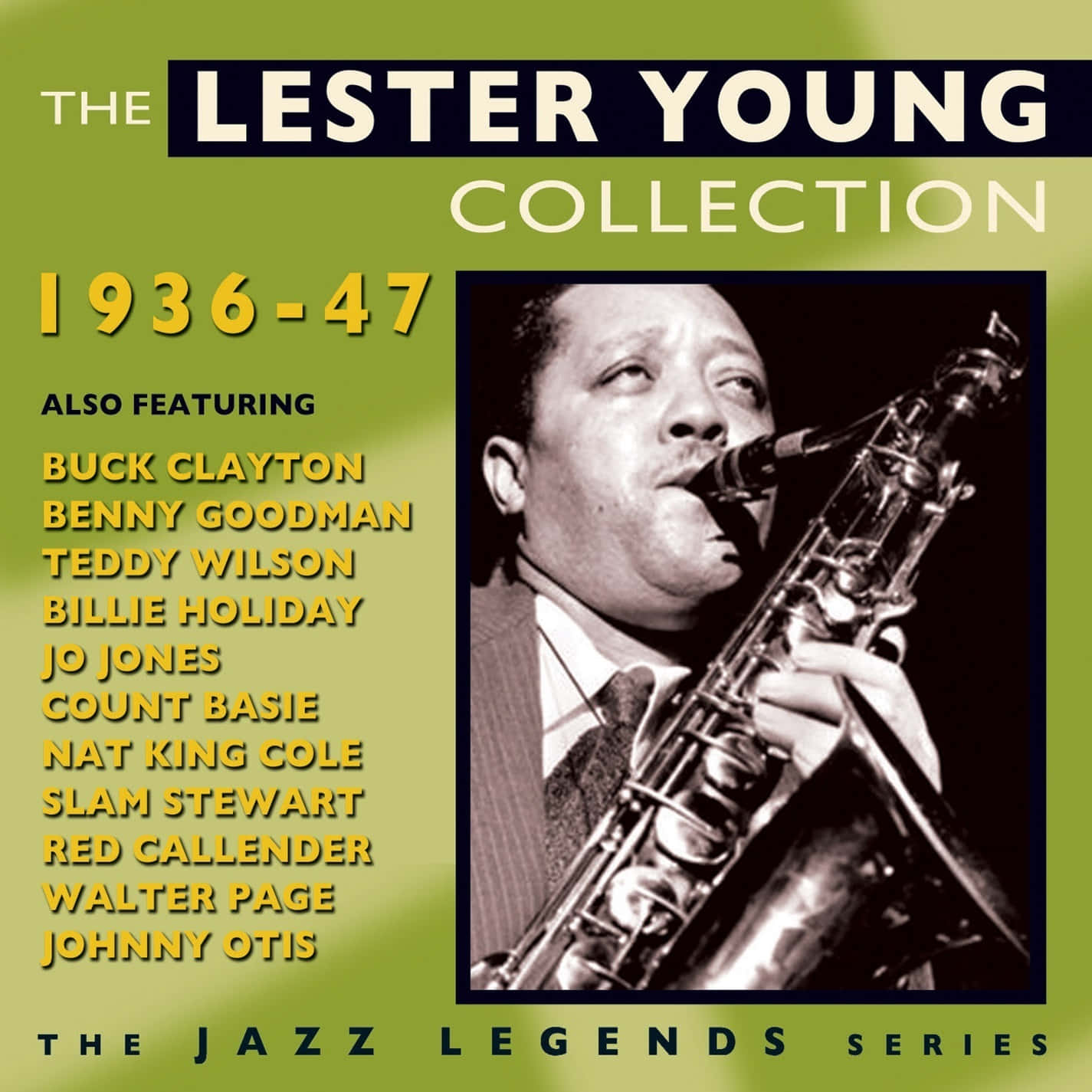 Celebrity 桌布 壁紙 — 復古爵士專輯封面，Lester Young 吹奏薩克斯風，搭配粗體綠色字體及傳奇音樂家名單。