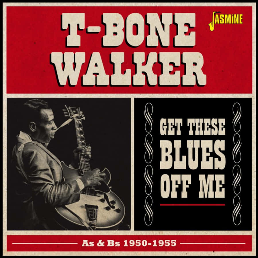 poster 桌布 壁紙 — 復古爵士專輯封面，T-Bone Walker 彈奏電吉他，配以粗體紅色字體和黑白照片。