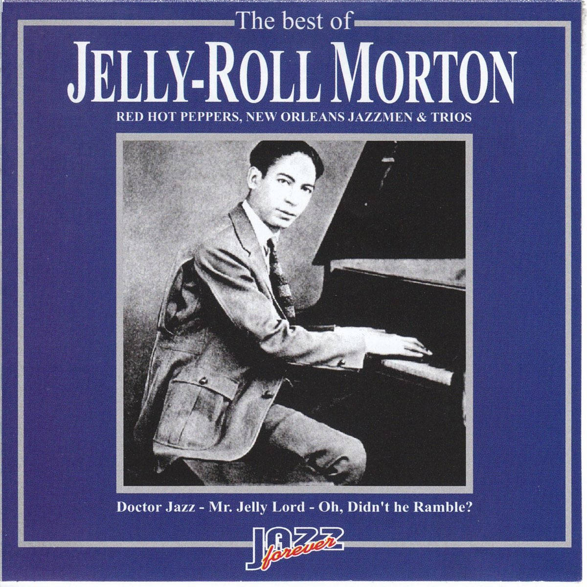 record 桌布 壁紙 — 復古爵士專輯封面，以深藍色背景為襯，展示 Jelly Roll Morton 坐在鋼琴前的黑白照片。
