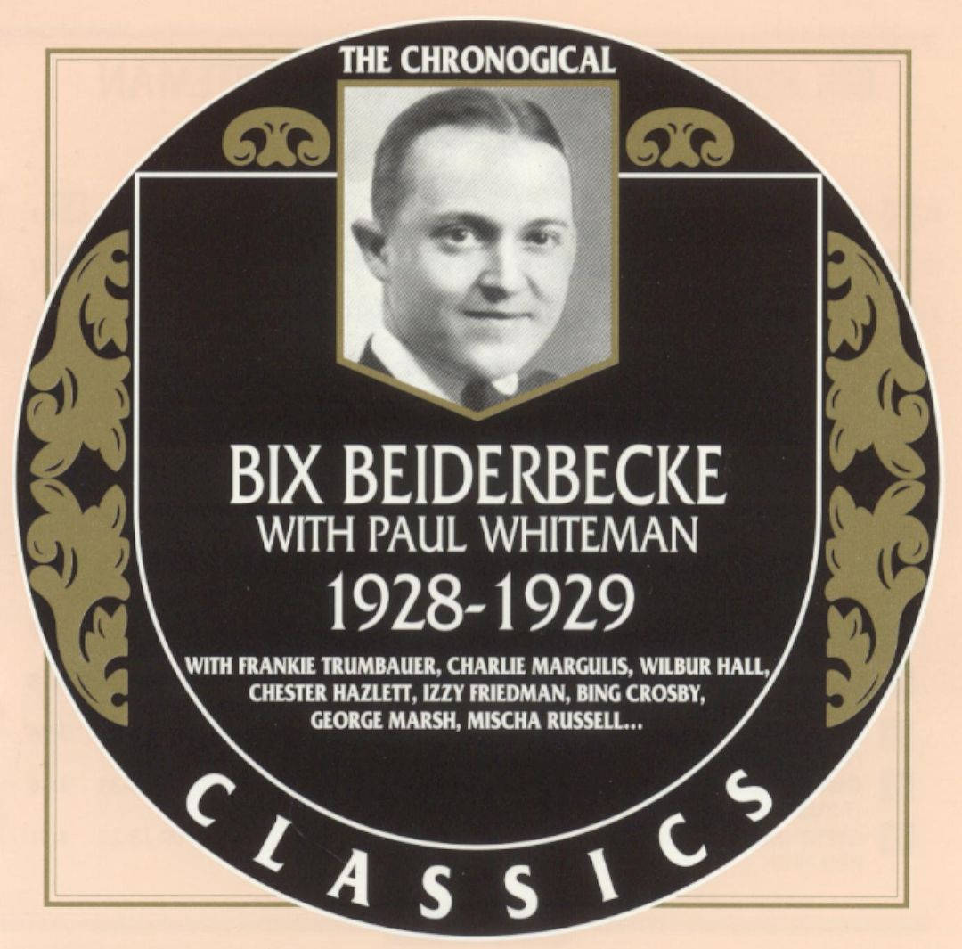 音樂 桌布 壁紙 — 復古爵士專輯封面，以黑色背景襯托Bix Beiderbecke的肖像和華麗的金色花絲裝飾。