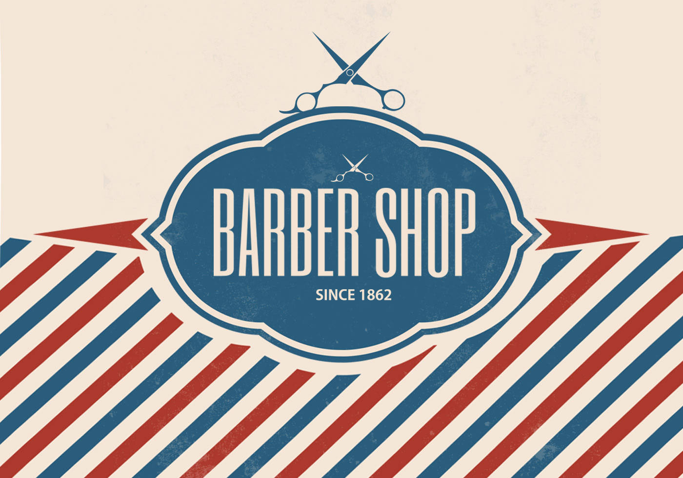 Barber 桌布 壁紙 — 復古理髮店招牌，帶有交叉剪刀和紅藍條紋，奶油色背景。