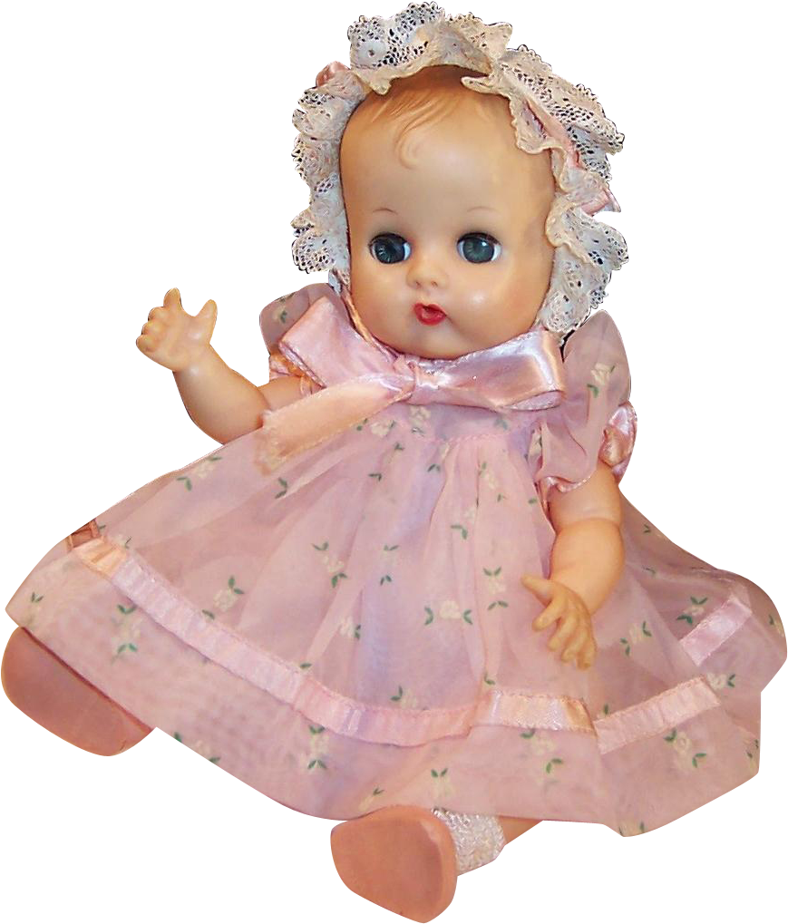 Dolls 桌布 壁紙 — 復古瓷製嬰兒娃娃，身穿粉紅色花卉連衣裙，戴著蕾絲帽，背景為黑色。