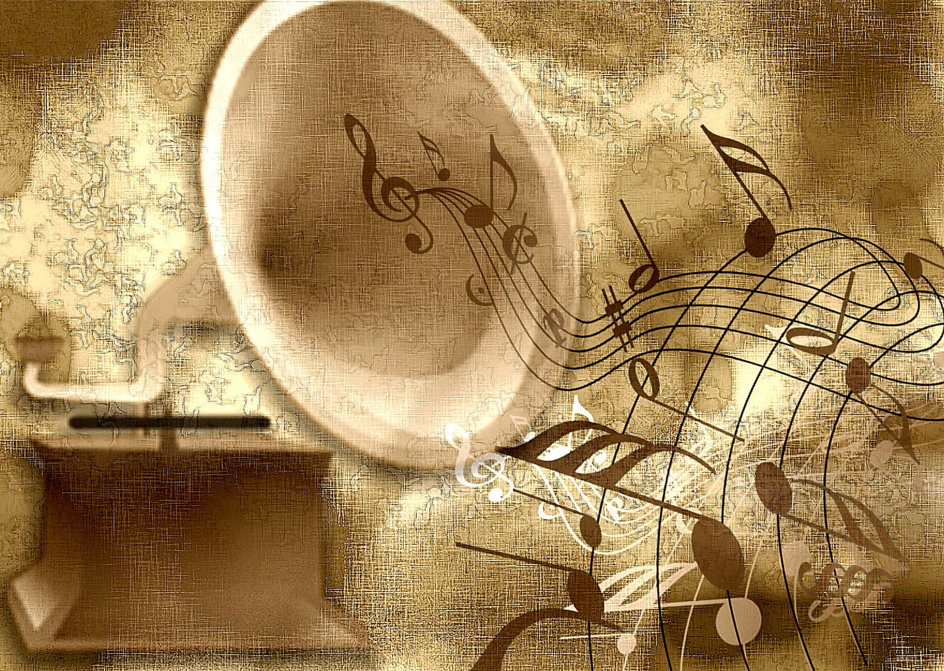 Music Notes 桌布 壁紙 — 復古留聲機喇叭在紋理豐富的懷舊棕色背景上發出旋轉的音樂音符。
