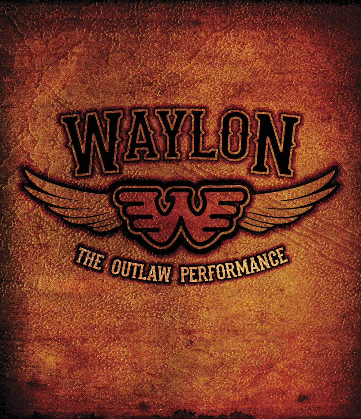 television 桌布 壁紙 — 復古皮革紋理背景，帶有粗體浮雕標誌，上面寫著 Waylon The Outlaw Performance，並帶有翼形徽章。