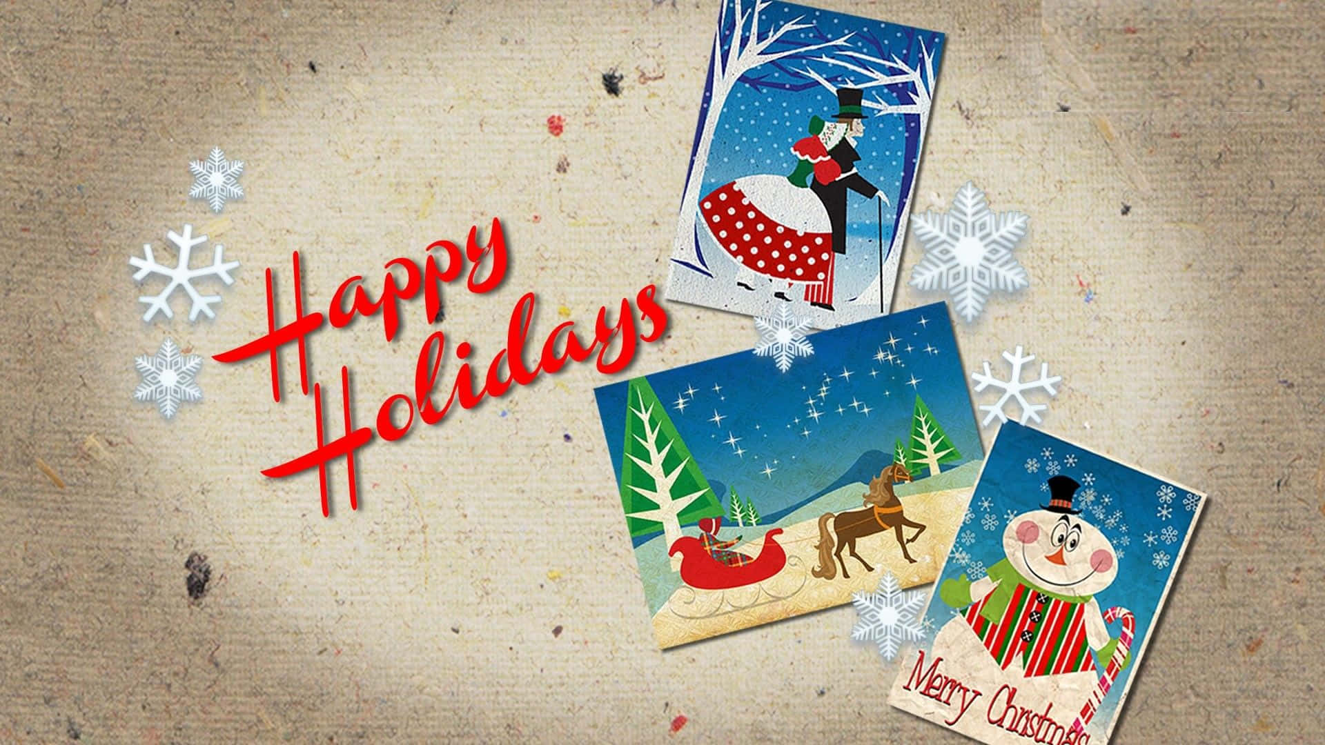 Christmas Card 桌布 壁紙 — 復古節日賀卡，上有雪人、雪橇、馴鹿和雪花下跳舞的情侶，背景為帶紋理的米色。