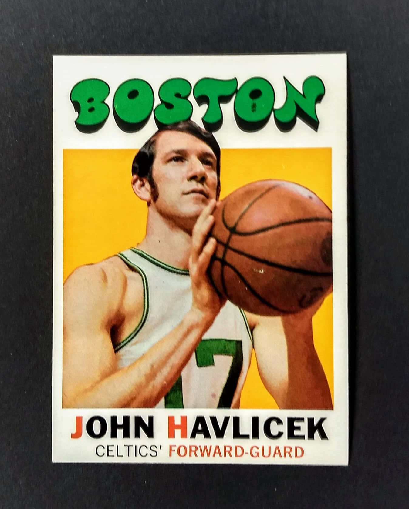 籃球 桌布 壁紙 — 復古籃球卡，John Havlicek 身穿波士頓塞爾提克球衣，在黃色背景前持球。