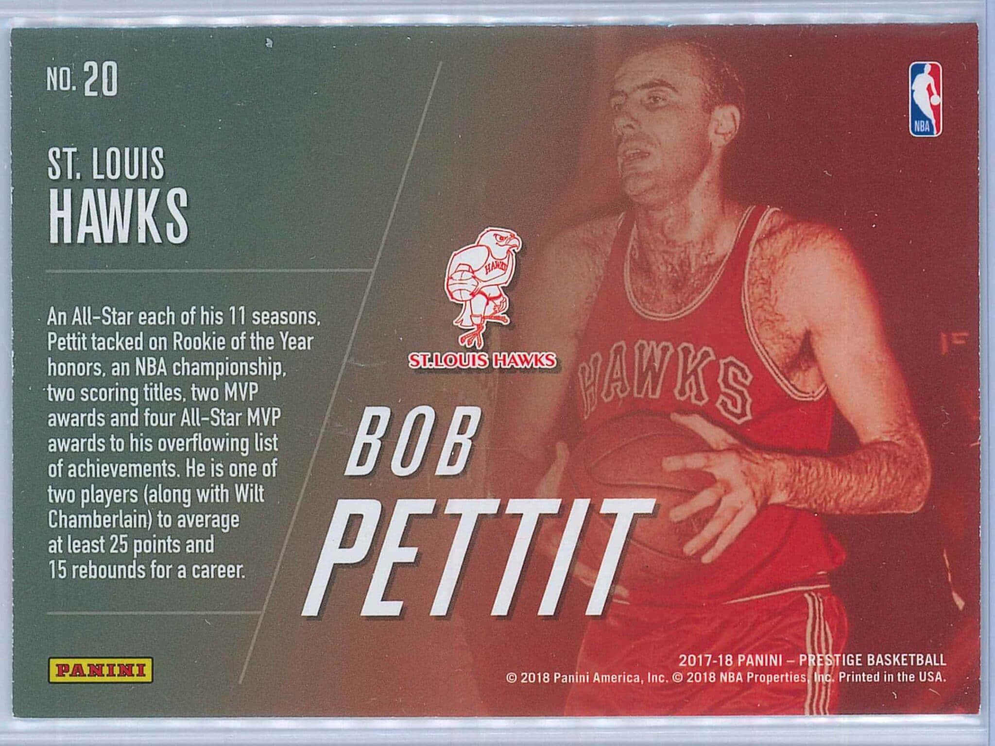 card 桌布 壁紙 — 復古籃球卡，展示Bob Pettit身穿紅色聖路易斯老鷹隊球衣，手持籃球，附有粗體文字和球隊統計數據。