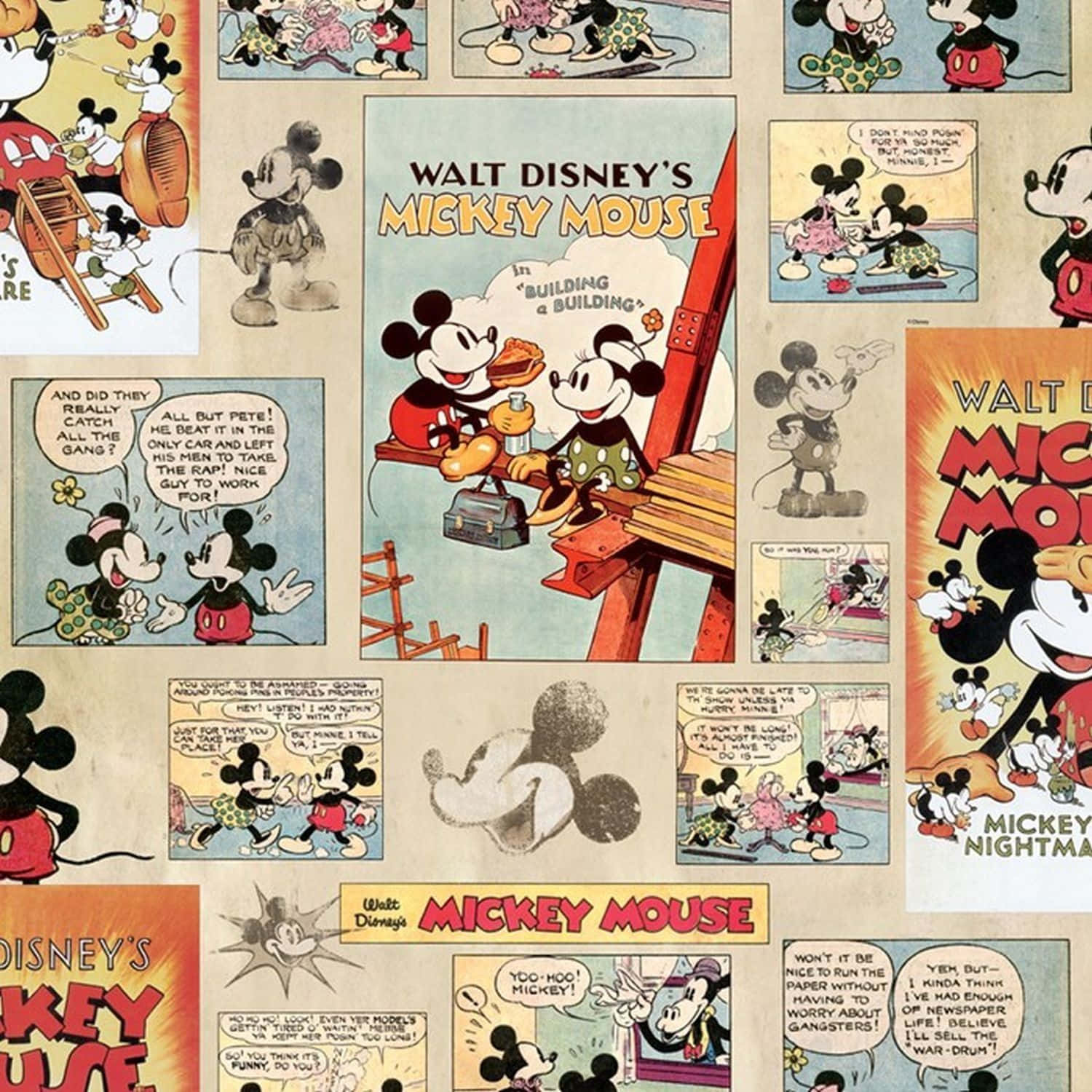 Mickey Mouse Desktop 桌布 壁紙 — 復古米奇老鼠漫畫條拼貼，經典面板展示米奇、米妮和朋友們的彩色冒險。
