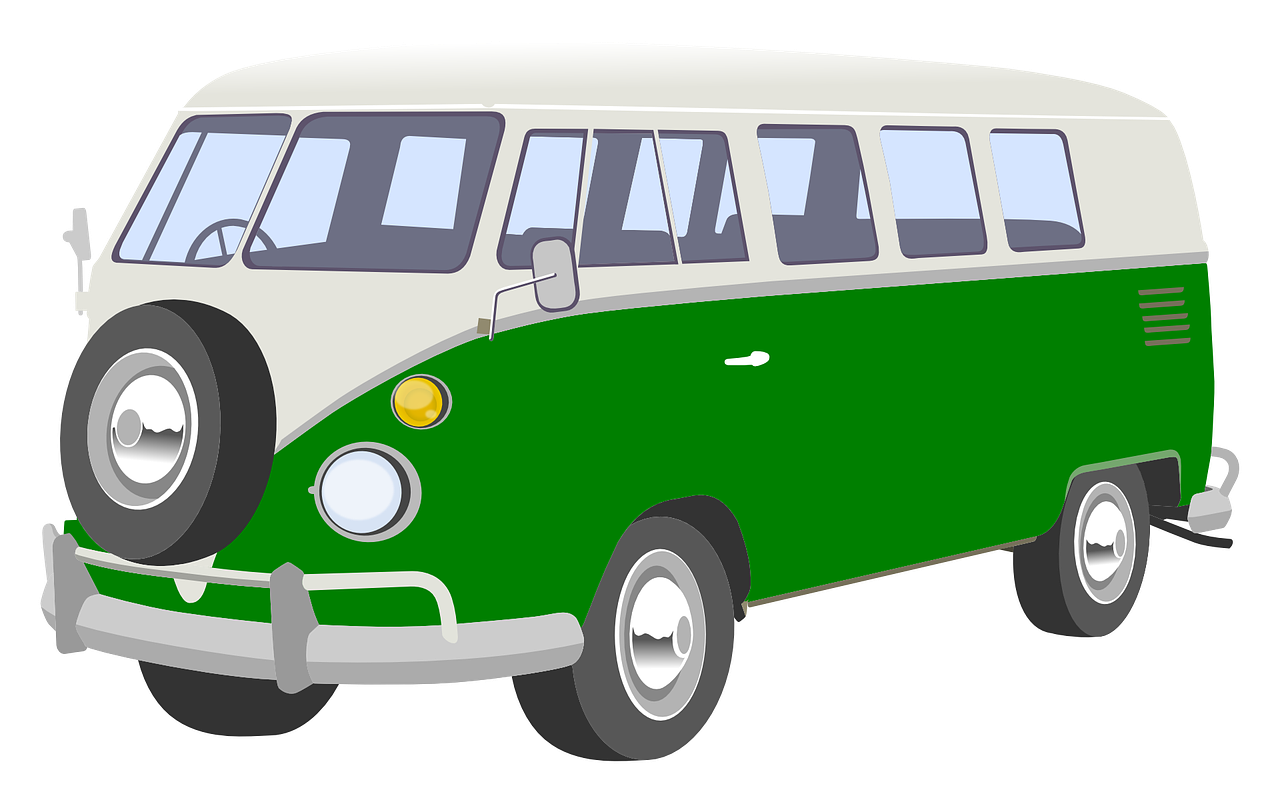 福斯汽車 桌布 壁紙 — 復古綠色和白色分體窗貨車，前備胎，卡通風格。