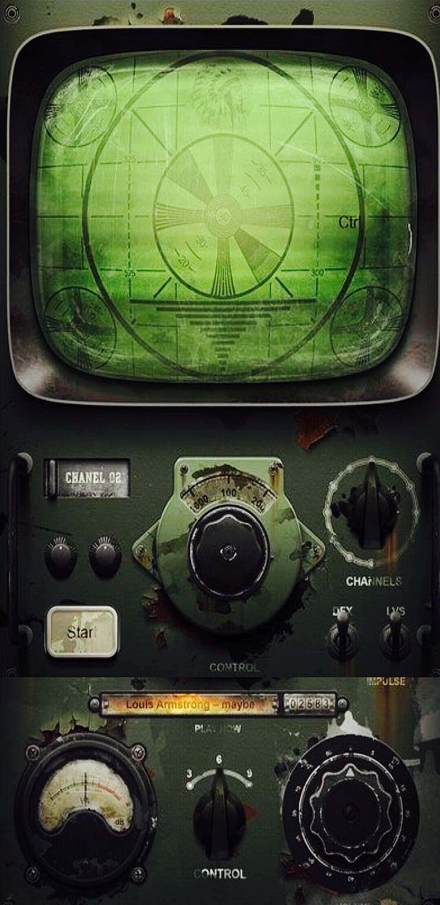 Pixel 3xl Fallout 76 桌布 壁紙 — 復古綠色雷達螢幕在一個帶有刻度盤和旋鈕的風化軍用無線電控制台中發光。