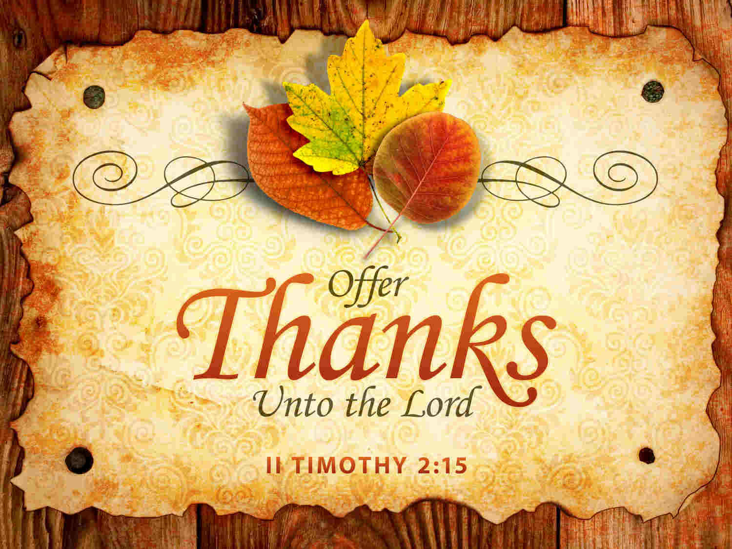 Happy Thanksgiving 桌布 壁紙 — 復古羊皮紙，上面有秋葉和寫著「Offer Thanks Unto the Lord」的文字，釘在木頭上。