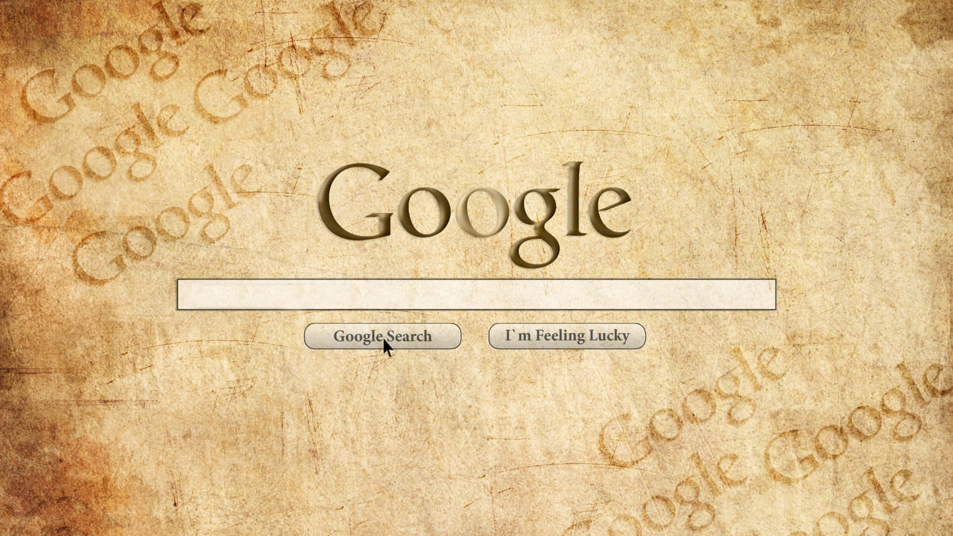google 桌布 壁紙 — 復古羊皮紙背景，帶有褪色的Google標誌搜尋列和按鈕。