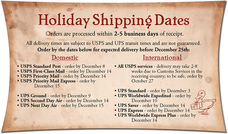節日 桌布 壁紙 — 復古羊皮紙風格海報列出USPS和UPS服務的節日運送截止日期，並有一隻卡通鴨子攜帶包裹。