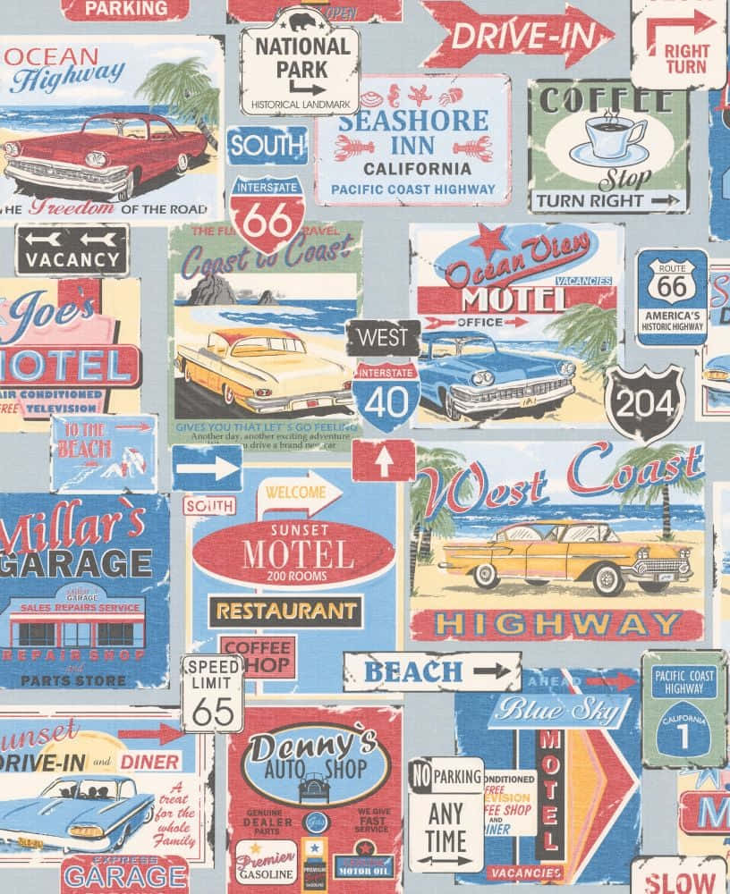 復古90年代風格 桌布 壁紙 — 復古美國公路標誌和汽車旅館廣告，以經典汽車和復古字體為特色，背景為淺藍色。