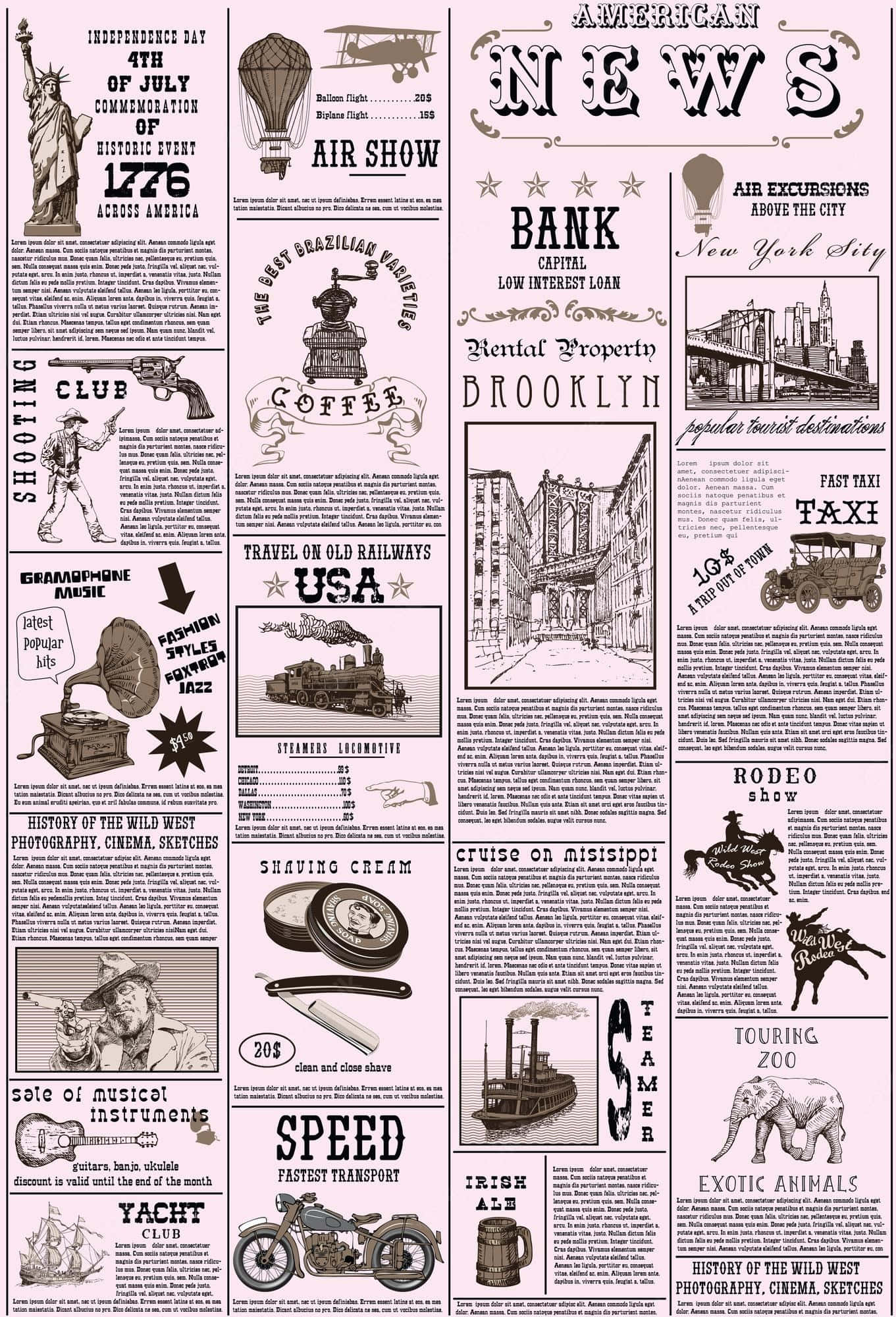 Vintage Newspaper 桌布 壁紙 — 復古美國報紙拼貼畫，以復古字體展示航空表演、爵士俱樂部、蒸汽火車和異國動物的廣告。