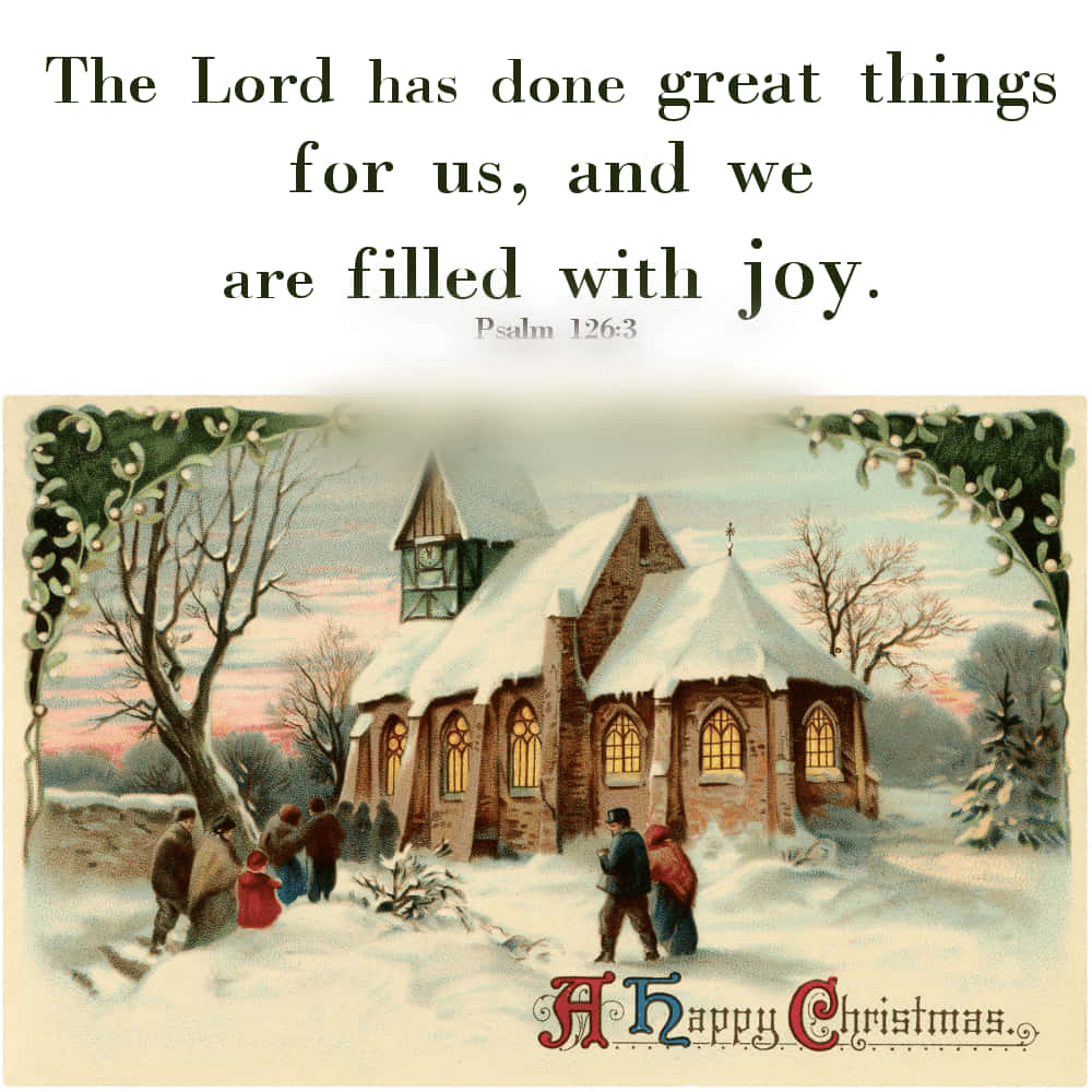 Christmas Scripture 桌布 壁紙 — 復古聖誕卡，顯示人們在黃昏時聚集在白雪覆蓋的教堂附近，窗戶溫暖發光。