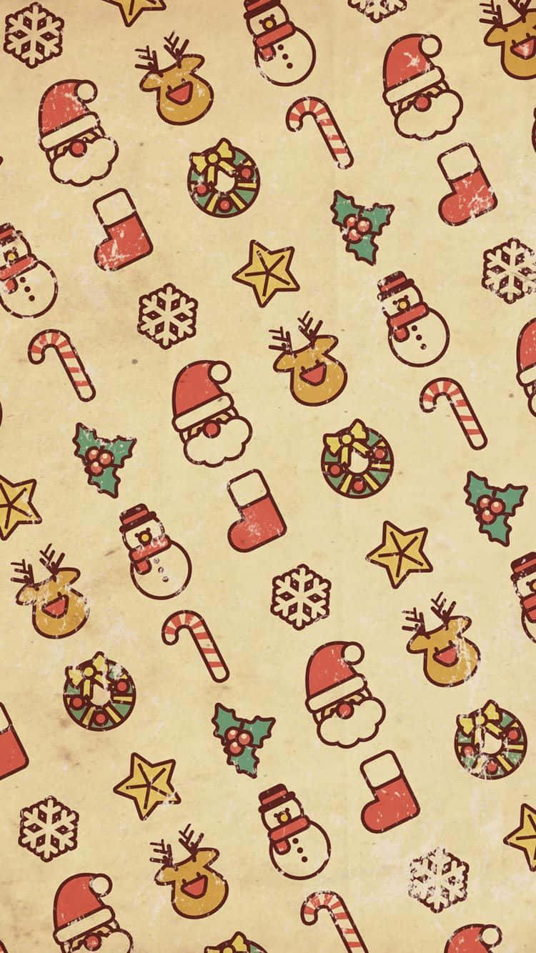 Christmas Pattern 桌布 壁紙 — 復古聖誕壁紙，在紋理米色背景上重複出現聖誕老人、馴鹿、拐杖糖和雪花圖案。
