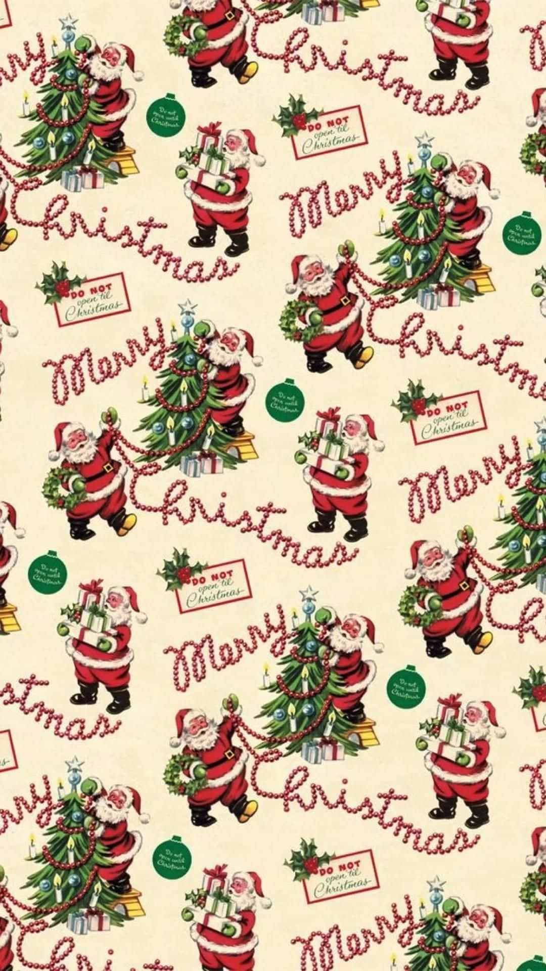 Vintage Christmas 桌布 壁紙 — 復古聖誕壁紙圖案，重複出現聖誕老人用節日文字和裝飾品裝飾樹木的插圖。
