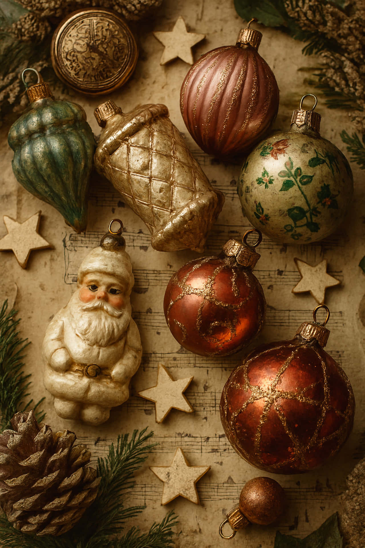 Vintage Christmas 壁紙 — 復古聖誕裝飾，包括聖誕老人公仔、松果和星星，放在舊樂譜上，帶有溫暖的金色燈光。