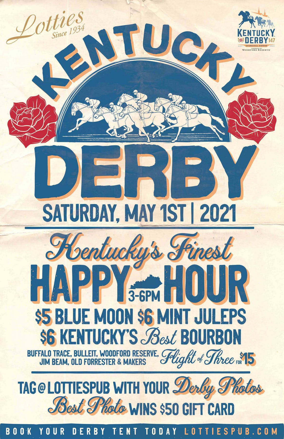 Kentucky 桌布 壁紙 — 復古肯塔基德比賽馬海報，騎師在藍色拱門下奔馳，兩側飾有紅玫瑰，印在舊紙上。