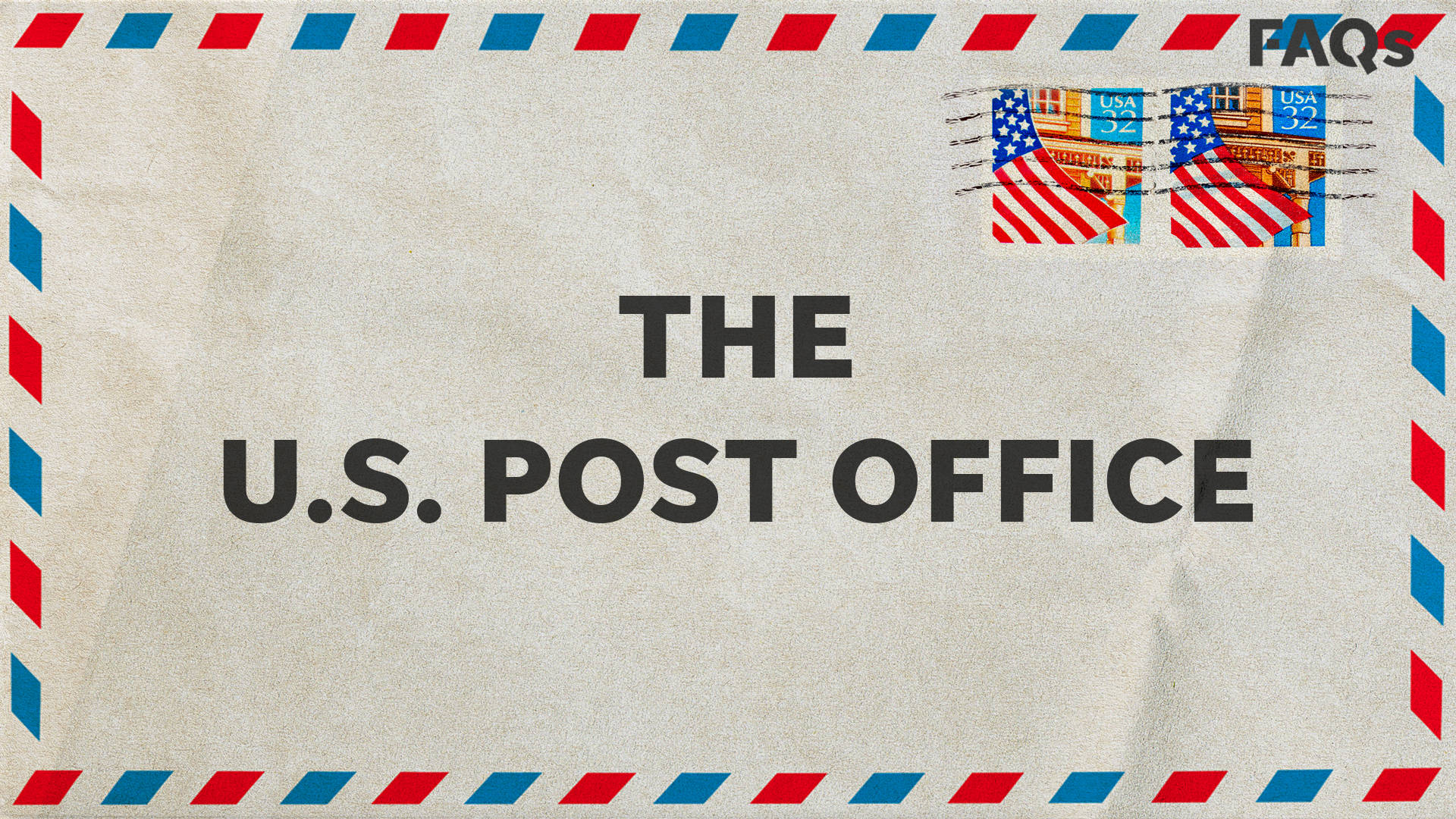 Post Office 桌布 壁紙 — 復古航空信封，帶有紅藍條紋邊框和美國國旗郵票，顯示「THE U.S. POST OFFICE」文字。