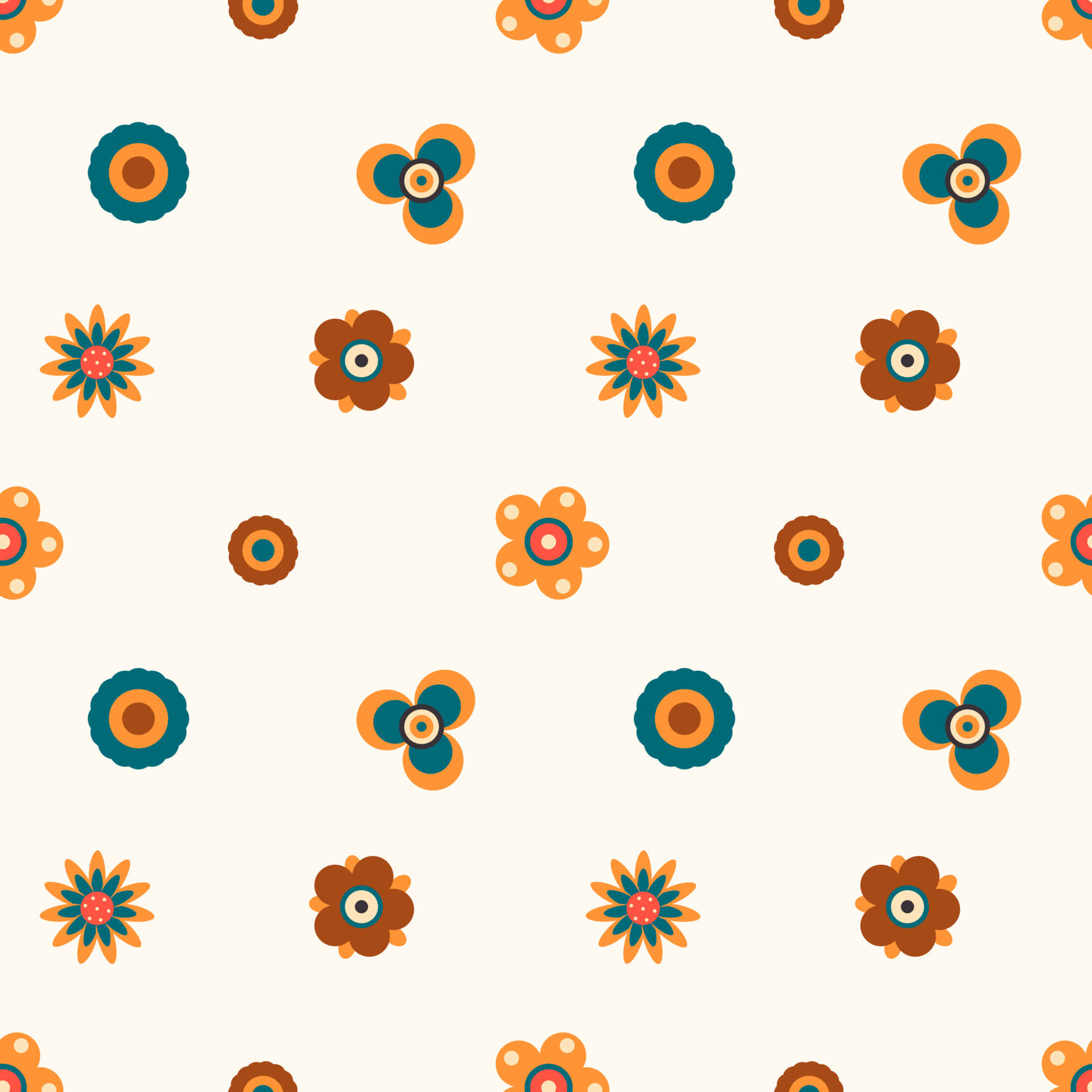 Geometric Pattern 桌布 壁紙 — 復古花卉圖案，在奶油色背景上帶有風格化的橙棕色和藍綠色花朵。