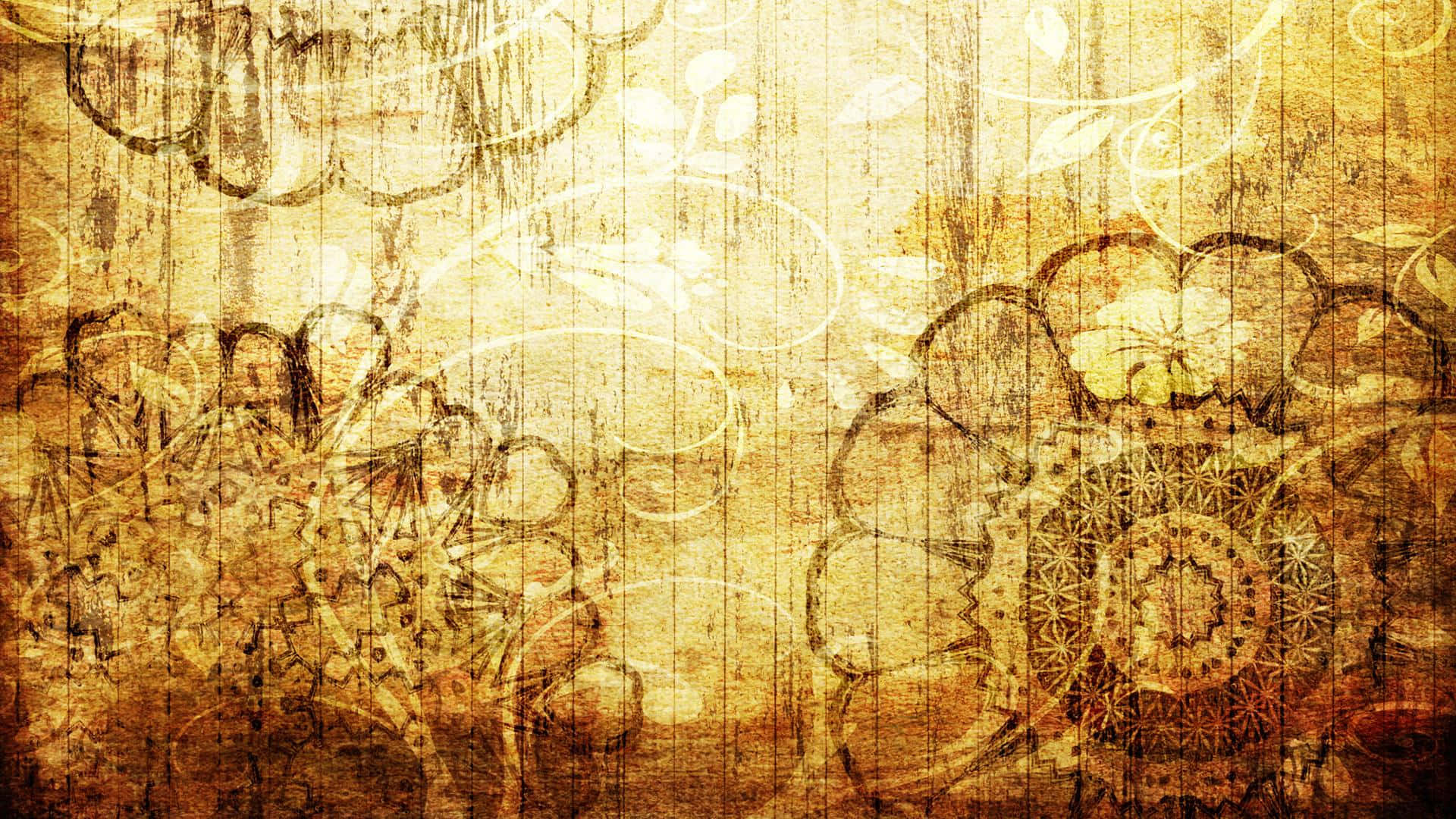 Yellow Grunge 桌布 壁紙 — 復古花卉圖案蝕刻在風化的木板上，呈現溫暖的金琥珀色調。