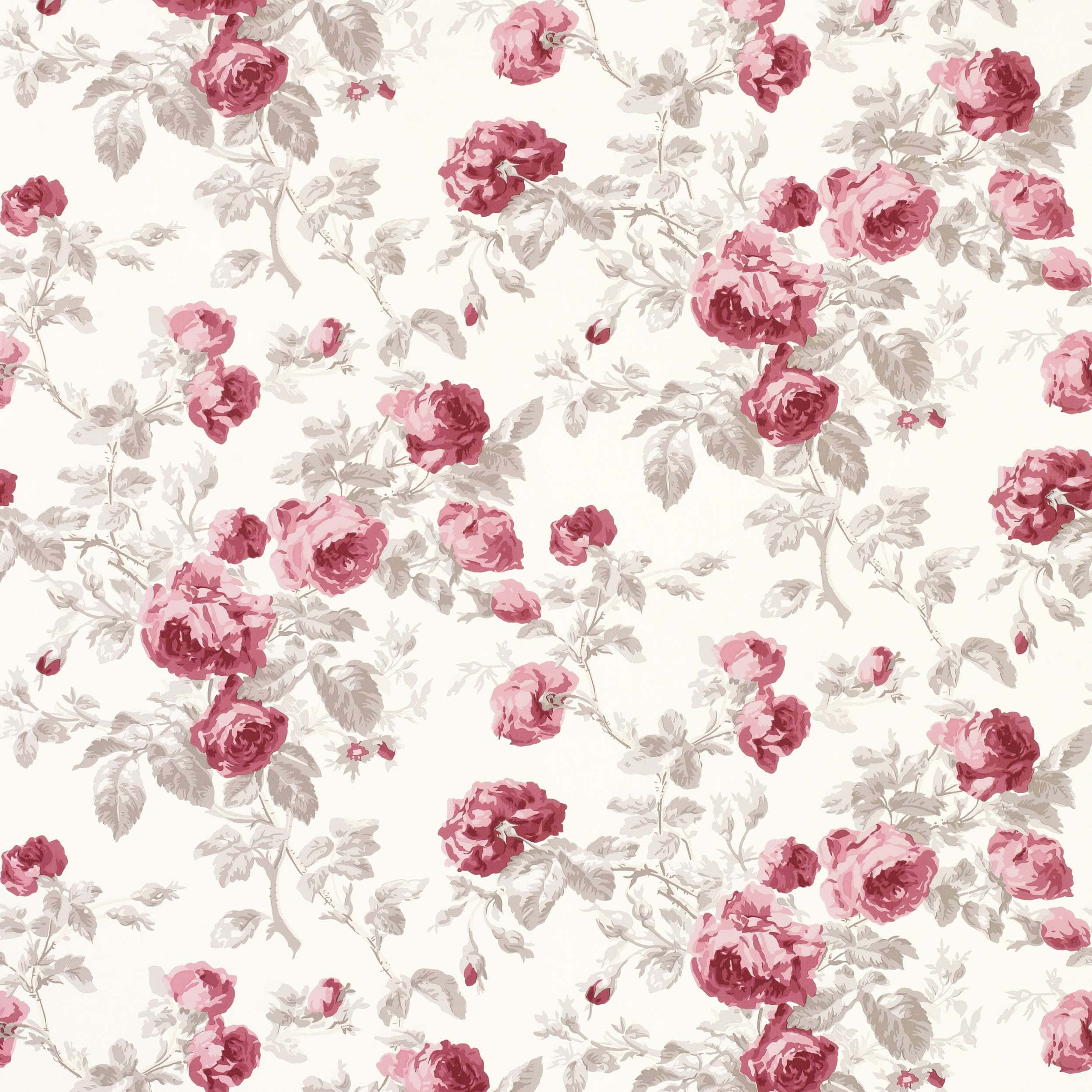 Floral Print 桌布 壁紙 — 復古花卉壁紙圖案，以深粉紅玫瑰和柔和灰綠色葉片點綴在奶油色米白背景上。