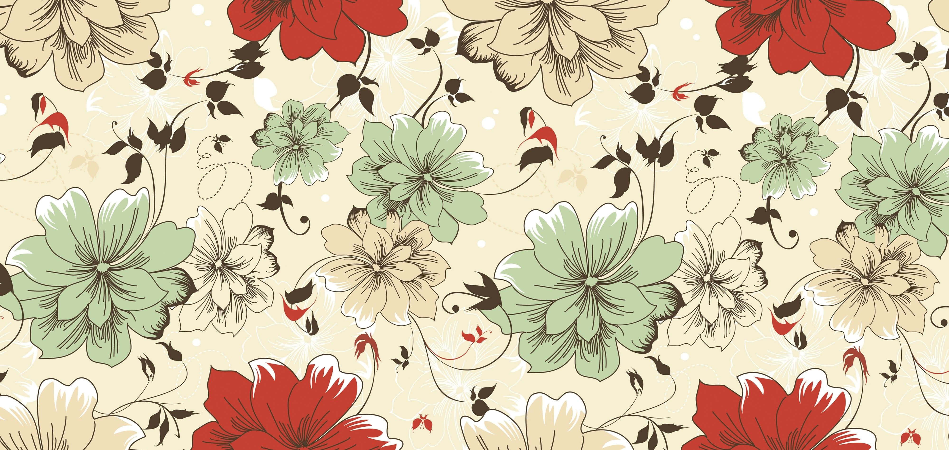 Rose Pattern 桌布 壁紙 — 復古花卉壁紙圖案，米色背景上帶有紅色、綠色和奶油色花朵。