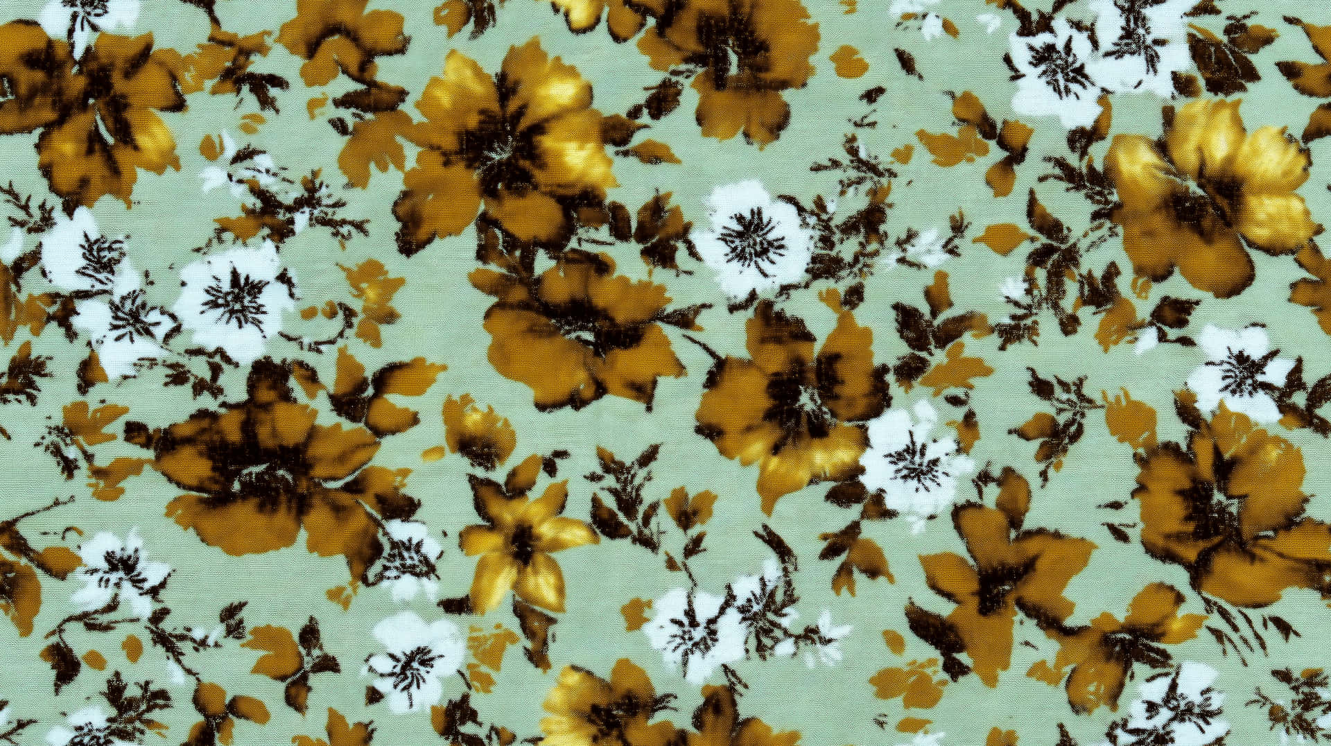 Textured Vintage Floral: Abstract Blooms and Foliage 壁紙 — 復古花卉布料圖案，在淡薄荷綠背景上帶有芥末黃和白色花朵。