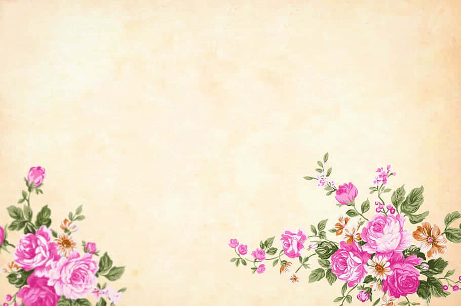 Watercolor Flower 桌布 壁紙 — 復古花卉角落，粉紅玫瑰和綠葉點綴在帶有紋理的米色背景上。